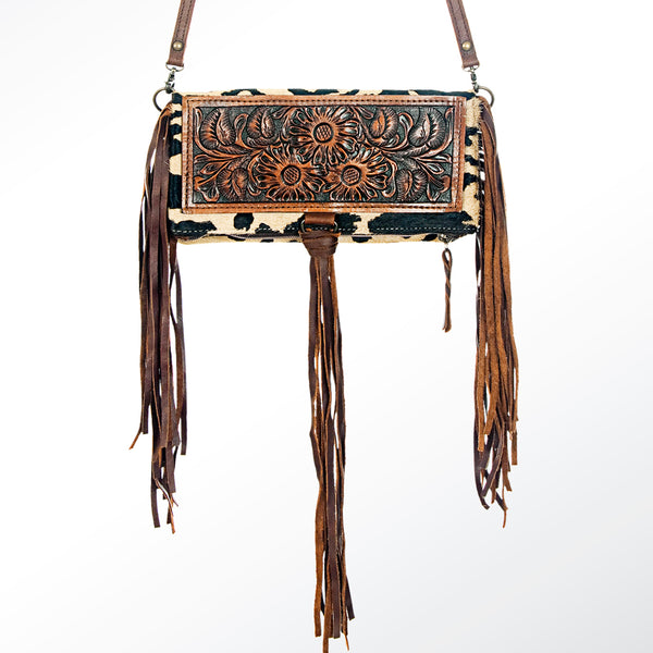 ADBG526 American Darling Hand Tooled Floral Leather & Hair-On Cowhide Western Crossbody Bag with Fringes