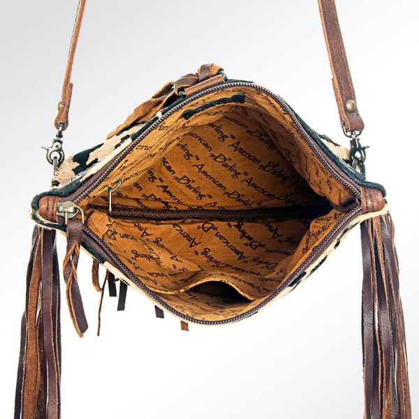 ADBG526 American Darling Hand Tooled Floral Leather & Hair-On Cowhide Western Crossbody Bag with Fringes
