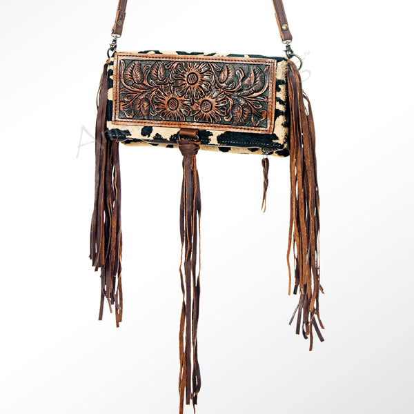 ADBG526 American Darling Hand Tooled Floral Leather & Hair-On Cowhide Western Crossbody Bag with Fringes