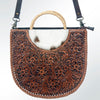 ADBG589 Tooled Leather and Cowhide Half-Moon Tote Floral Carved Western Bag with Woven Handles