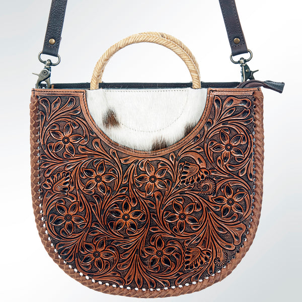 ADBG589 Tooled Leather and Cowhide Half-Moon Tote Floral Carved Western Bag with Woven Handles