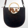 ADBG589 Tooled Leather and Cowhide Half-Moon Tote Floral Carved Western Bag with Woven Handles