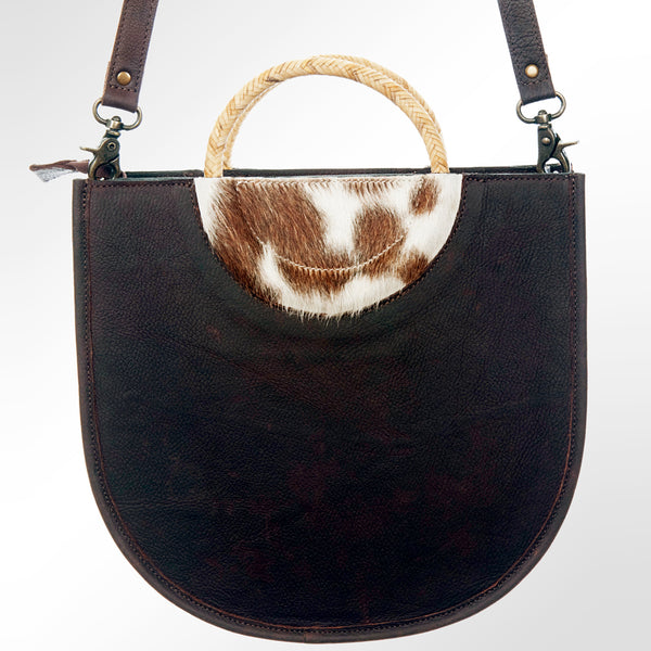 ADBG589 Tooled Leather and Cowhide Half-Moon Tote Floral Carved Western Bag with Woven Handles