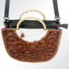 ADBG589 Tooled Leather and Cowhide Half-Moon Tote Floral Carved Western Bag with Woven Handles