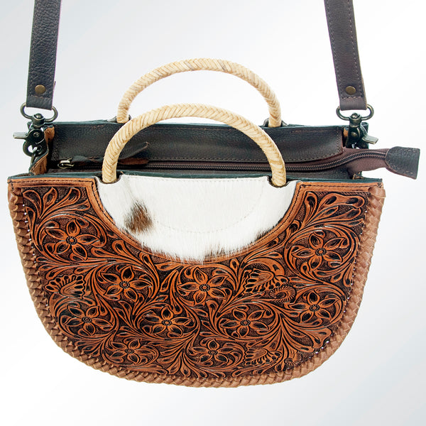 ADBG589 Tooled Leather and Cowhide Half-Moon Tote Floral Carved Western Bag with Woven Handles