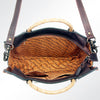 ADBG589 Tooled Leather and Cowhide Half-Moon Tote Floral Carved Western Bag with Woven Handles