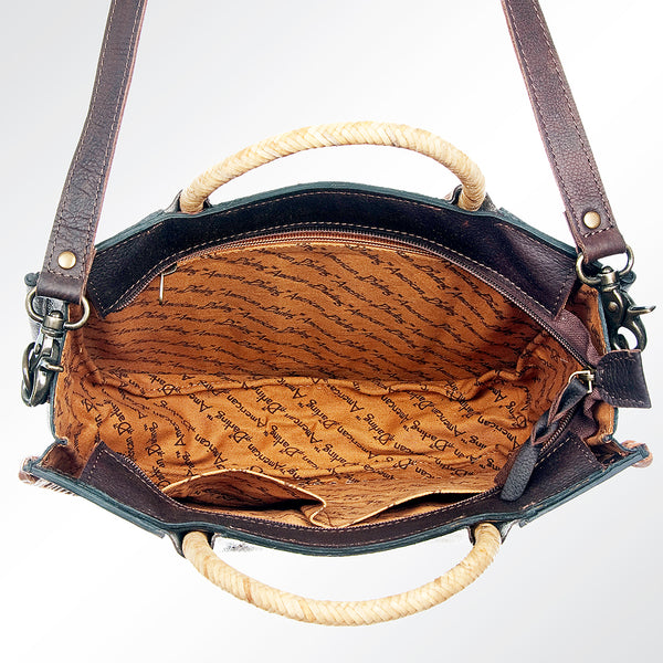 ADBG589 Tooled Leather and Cowhide Half-Moon Tote Floral Carved Western Bag with Woven Handles