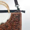 ADBG589 Tooled Leather and Cowhide Half-Moon Tote Floral Carved Western Bag with Woven Handles