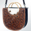 ADBG589 Tooled Leather and Cowhide Half-Moon Tote Floral Carved Western Bag with Woven Handles