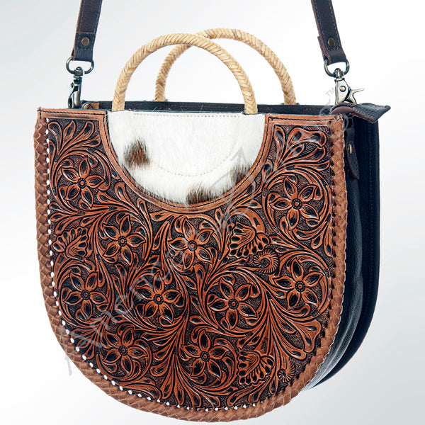 ADBG589 Tooled Leather and Cowhide Half-Moon Tote Floral Carved Western Bag with Woven Handles