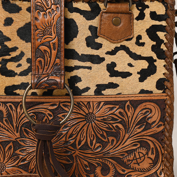 ADBG591 American Darling Hand Tooled Floral Carved & Hair-On Cowhide Western Leather Tote Bag