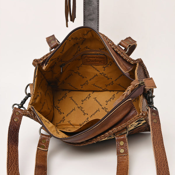 ADBG591 American Darling Hand Tooled Floral Carved & Hair-On Cowhide Western Leather Tote Bag