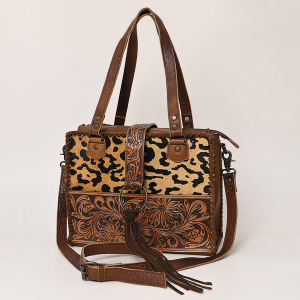 ADBG591 American Darling Hand Tooled Floral Carved & Hair-On Cowhide Western Leather Tote Bag