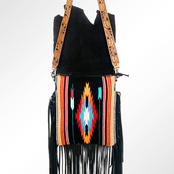 LC-ADBGZ300 Black Leather Flap Messenger Bag with Southwestern Fringe Design