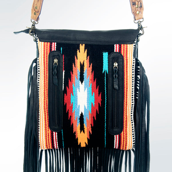 LC-ADBGZ300 Black Leather Flap Messenger Bag with Southwestern Fringe Design