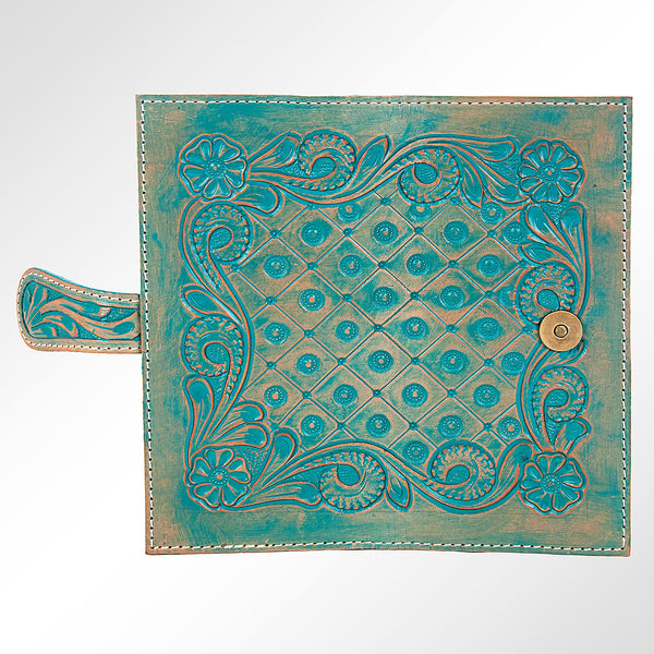 ADBG599 Turquoise Tooled Leather Wallet Western Floral Trifold Clutch with Snap Closure
