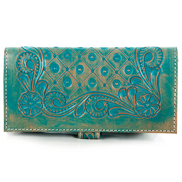 ADBG599 Turquoise Tooled Leather Wallet Western Floral Trifold Clutch with Snap Closure