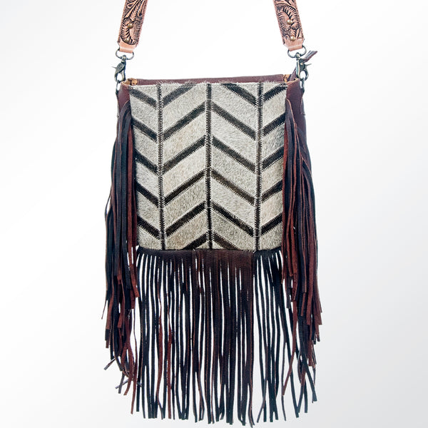ADBG602 Boho Chevron Hair-On Cowhide Fringe Crossbody with Hand Tooled Leather Strap