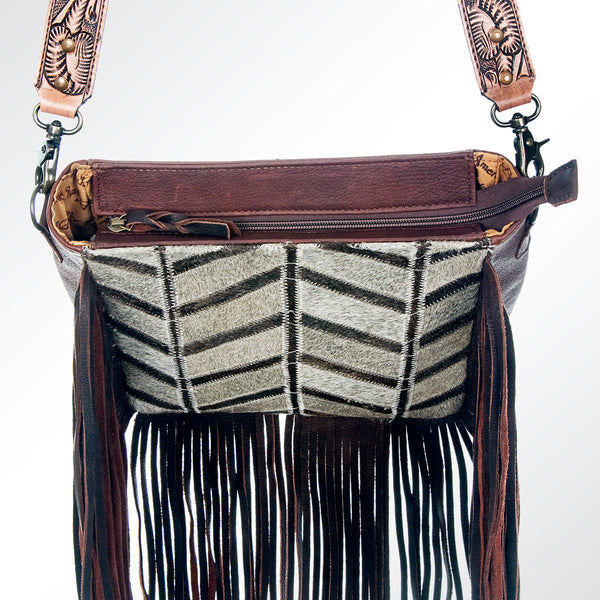 ADBG602 Boho Chevron Hair-On Cowhide Fringe Crossbody with Hand Tooled Leather Strap