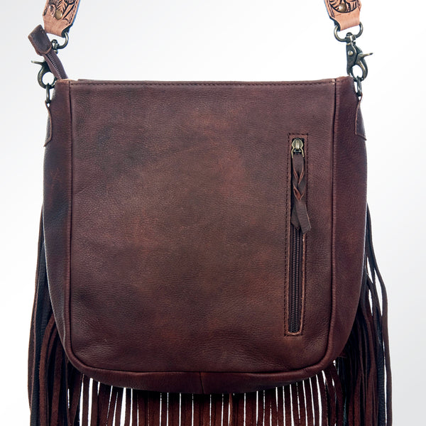 ADBG602 Boho Chevron Hair-On Cowhide Fringe Crossbody with Hand Tooled Leather Strap