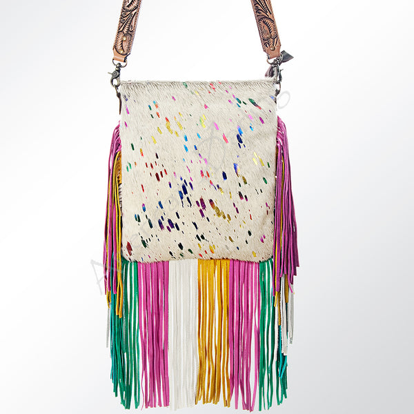 ADBG606 American Darling Hair-On Cowhide Boho Fringe Purse with Hand Tooled Strap