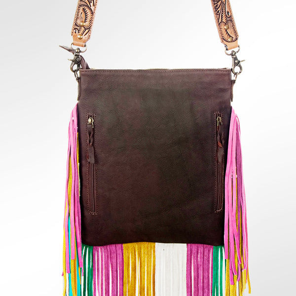ADBG606 American Darling Hair-On Cowhide Boho Fringe Purse with Hand Tooled Strap