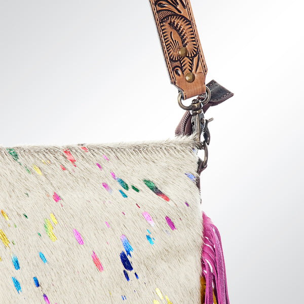 ADBG606 American Darling Hair-On Cowhide Boho Fringe Purse with Hand Tooled Strap