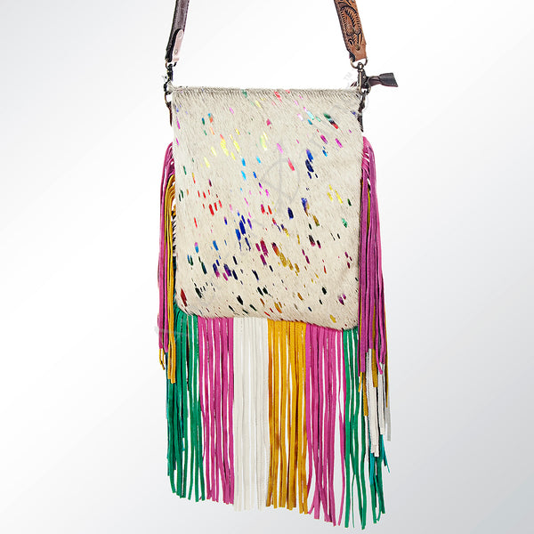 ADBG606 American Darling Hair-On Cowhide Boho Fringe Purse with Hand Tooled Strap