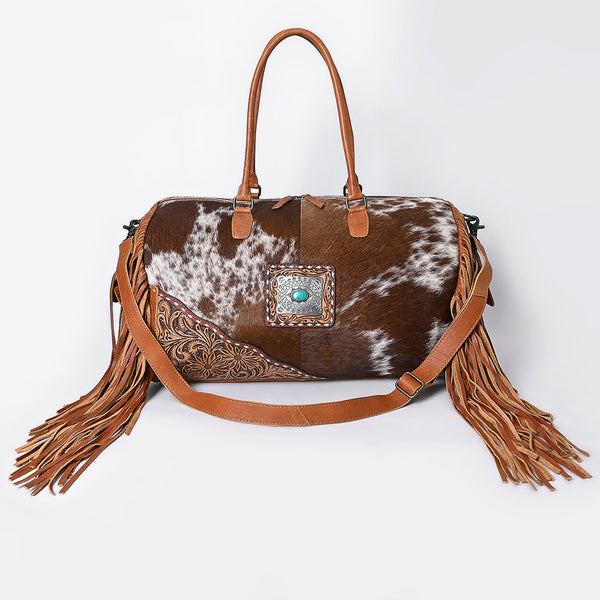 ADBG608 American Darling Hand Tooled Floral & Hair-On Cowhide Western Leather Duffel Bag with Fringes