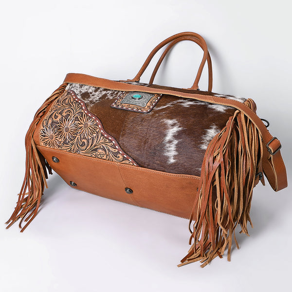 ADBG608 American Darling Hand Tooled Floral & Hair-On Cowhide Western Leather Duffel Bag with Fringes