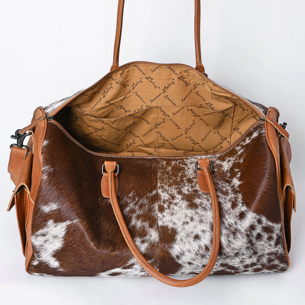ADBG608 American Darling Hand Tooled Floral & Hair-On Cowhide Western Leather Duffel Bag with Fringes