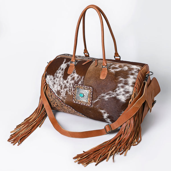 ADBG608 American Darling Hand Tooled Floral & Hair-On Cowhide Western Leather Duffel Bag with Fringes