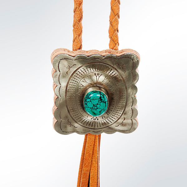 LC-ADJW101 Men's Western Jewelry Necklace with Silver Concho, Turquoise Stone & Leather Fringe