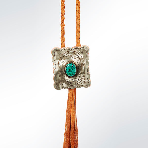 LC-ADJW101 Men's Western Jewelry Necklace with Silver Concho, Turquoise Stone & Leather Fringe