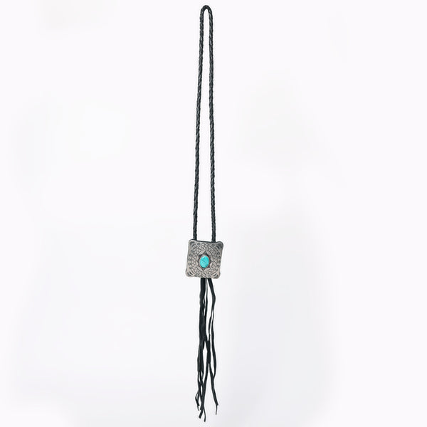 LC-ADJW101 Men's Western Jewelry Necklace with Silver Concho, Turquoise Stone & Leather Fringe