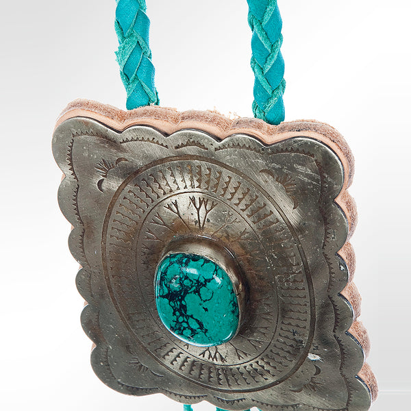LC-ADJW101 Men's Western Jewelry Necklace with Silver Concho, Turquoise Stone & Leather Fringe