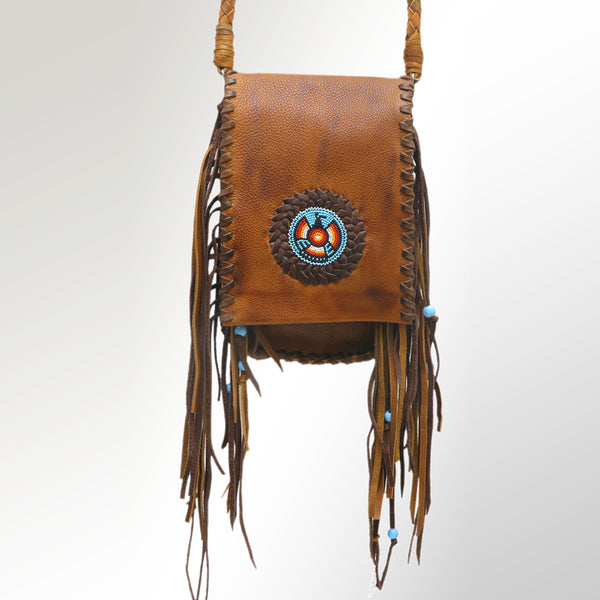 LC-ADBGM124 Handcrafted Leather Messenger Bag - Beaded Medallion & Fringe with Braided Strap