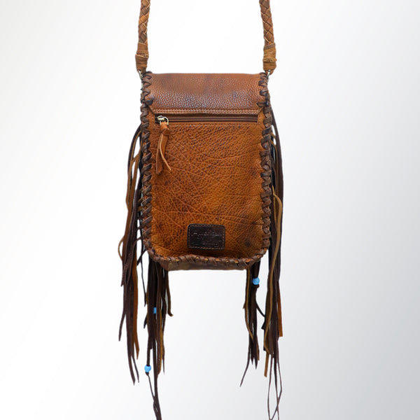 LC-ADBGM124 Handcrafted Leather Messenger Bag - Beaded Medallion & Fringe with Braided Strap