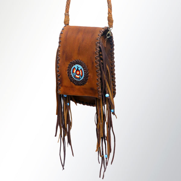 LC-ADBGM124 Handcrafted Leather Messenger Bag - Beaded Medallion & Fringe with Braided Strap