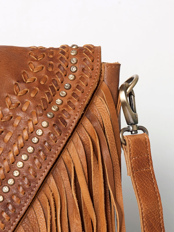 ADBGM126 Leather Fringe Messenger Bag - V-Cut Flap with Turquoise Concho & Studs