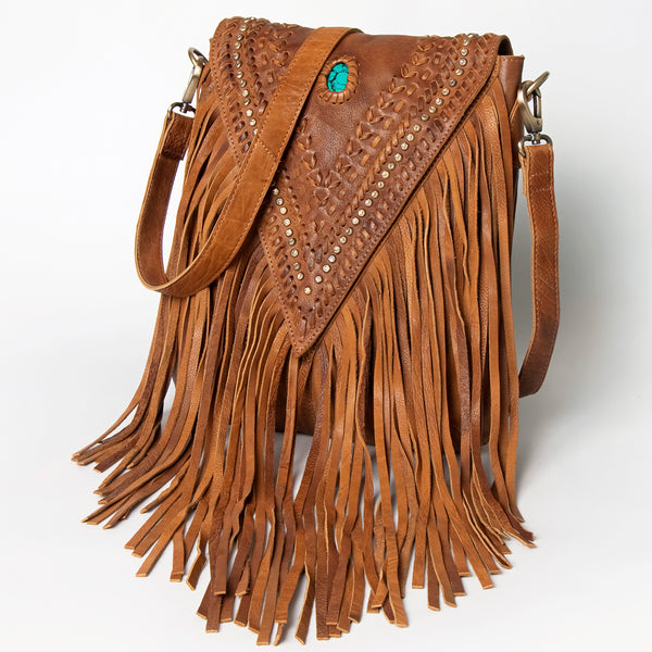 ADBGM126 Leather Fringe Messenger Bag - V-Cut Flap with Turquoise Concho & Studs