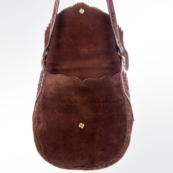 ADBGH102 Fringe Western Leather Tote - Tooled Flap with Turquoise Inlay & Genuine suede Body