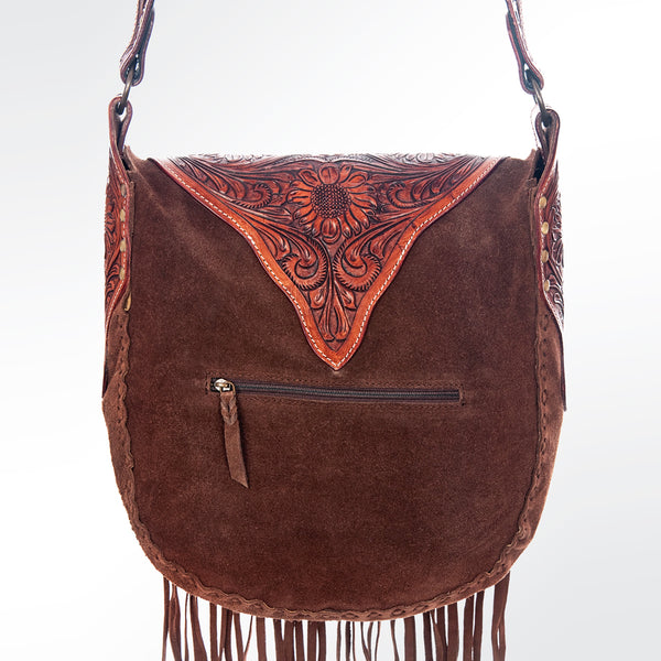 ADBGH102 Fringe Western Leather Tote - Tooled Flap with Turquoise Inlay & Genuine suede Body