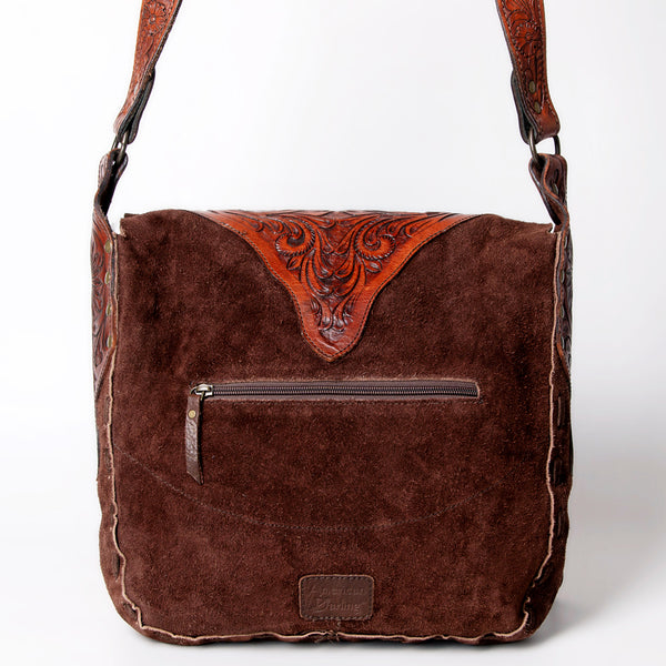 ADBGH102 Fringe Western Leather Tote - Tooled Flap with Turquoise Inlay & Genuine suede Body