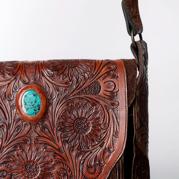ADBGH102 Fringe Western Leather Tote - Tooled Flap with Turquoise Inlay & Genuine suede Body