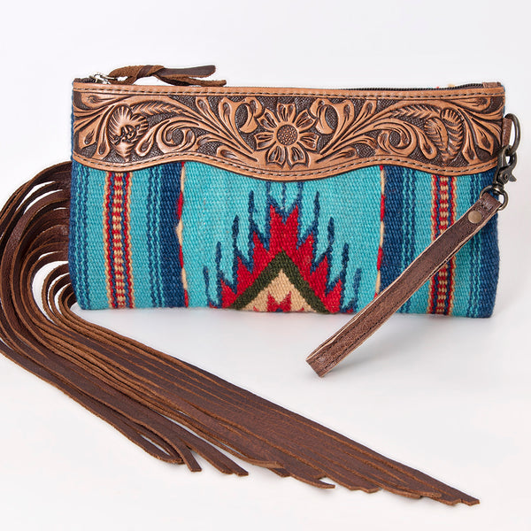 ADBG642 American Darling Hand Tooled Floral & Saddle Blanket Western Leather Wristlet Bag