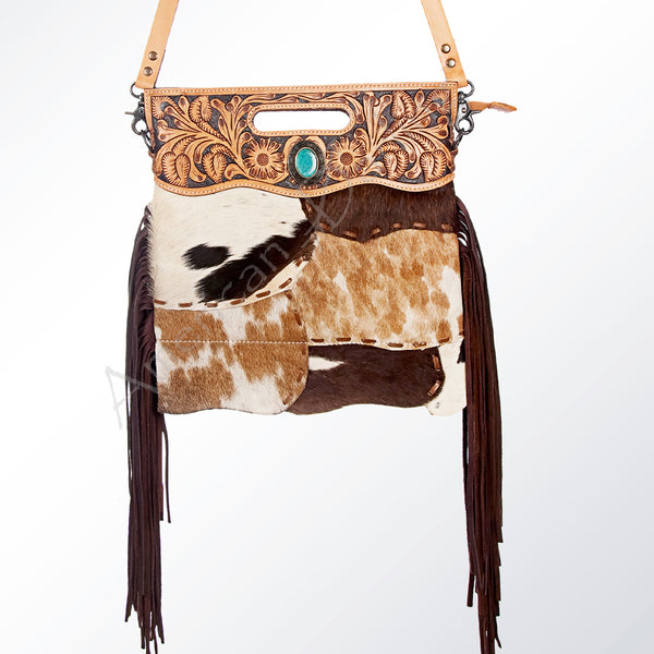 ADBG612C American Darling Hand Tooled Floral & Hair-On Cowhide Western Leather Clutch Bag with Fringes