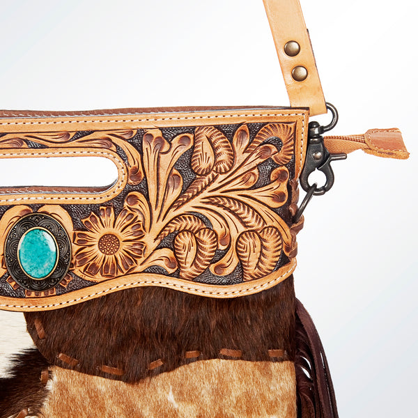 ADBG612C American Darling Hand Tooled Floral & Hair-On Cowhide Western Leather Clutch Bag with Fringes