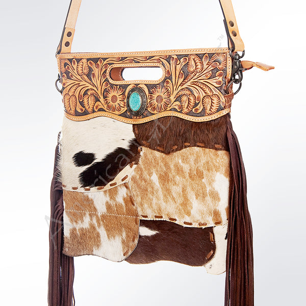 ADBG612C American Darling Hand Tooled Floral & Hair-On Cowhide Western Leather Clutch Bag with Fringes