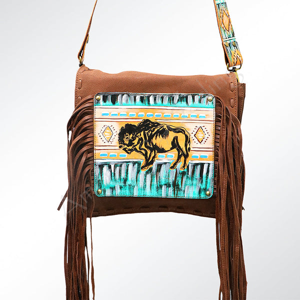 ADBGM109 Fringed Leather Western Crossbody Bag - Painted Artwork